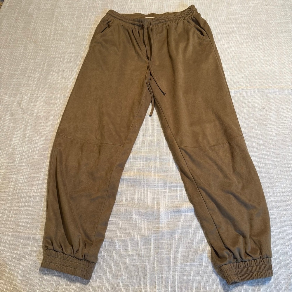 Happily Grey Brown Faux Suede Joggers Elastic Waist Drawstring Pants Large